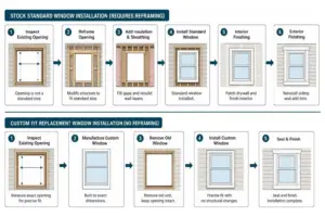 Comparison process between stock standard window installation requiring reframing versus precise custom fit replacement